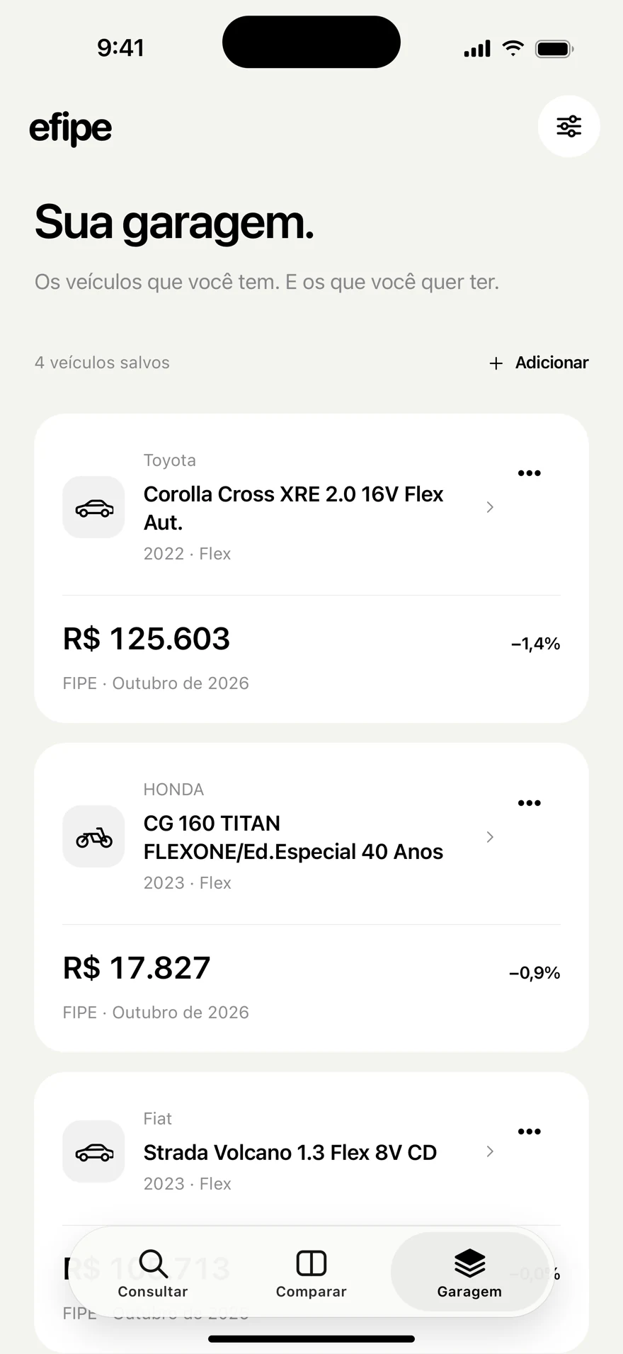 Garagem do Efipe com carros e moto salvos e seus valores FIPE